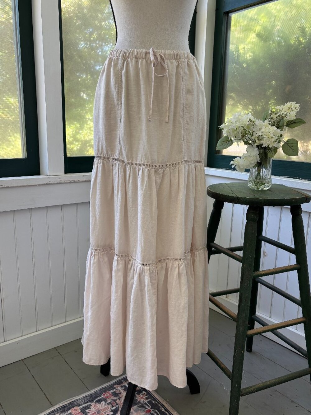 Splendid Light Cream Tiered Drawstring Maxi Skirt